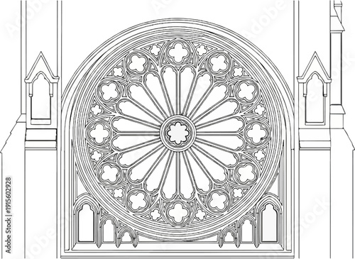 Intricate Gothic rose window with decorative tracery, part of a church facade