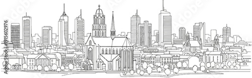 Line art city skyline with diverse buildings, trees, and a church