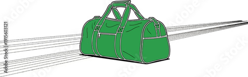 Green duffel bag on a white background with linear perspective lines