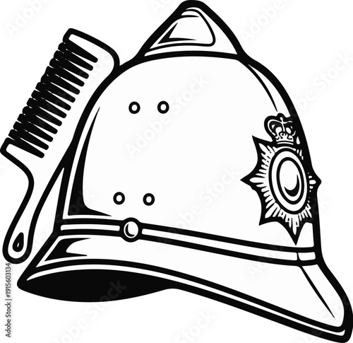 Line art depicts a helmet with a comb tucked into it, a symbol of grooming