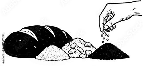 Loaf of bread with piles of granular ingredients and a hand sprinkling small particles