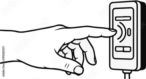 Hand pressing a sensor button on a digital device
