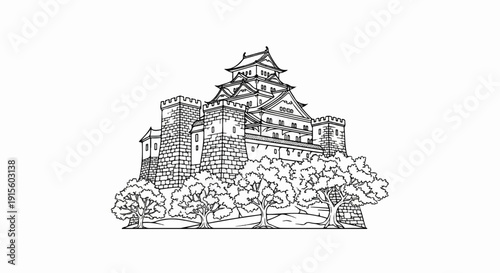 Intricate black and white illustration of a layered fortress with fortified walls and trees