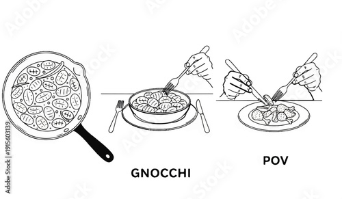 Illustrated steps of preparing and eating gnocchi with three distinct scenes