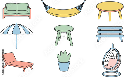 Colorful outdoor furniture and decor including sofa, hammock, table, umbrella, stool, bench, chaise lounge, plant, and egg chair, vector illustration for garden design