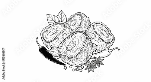 Illustrated food composition with dried fruits, spices, and chili peppers