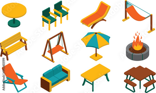 Isometric outdoor furniture and recreational set with tables, chairs, hammock, swing, umbrella, fire pit, and picnic table vector illustration