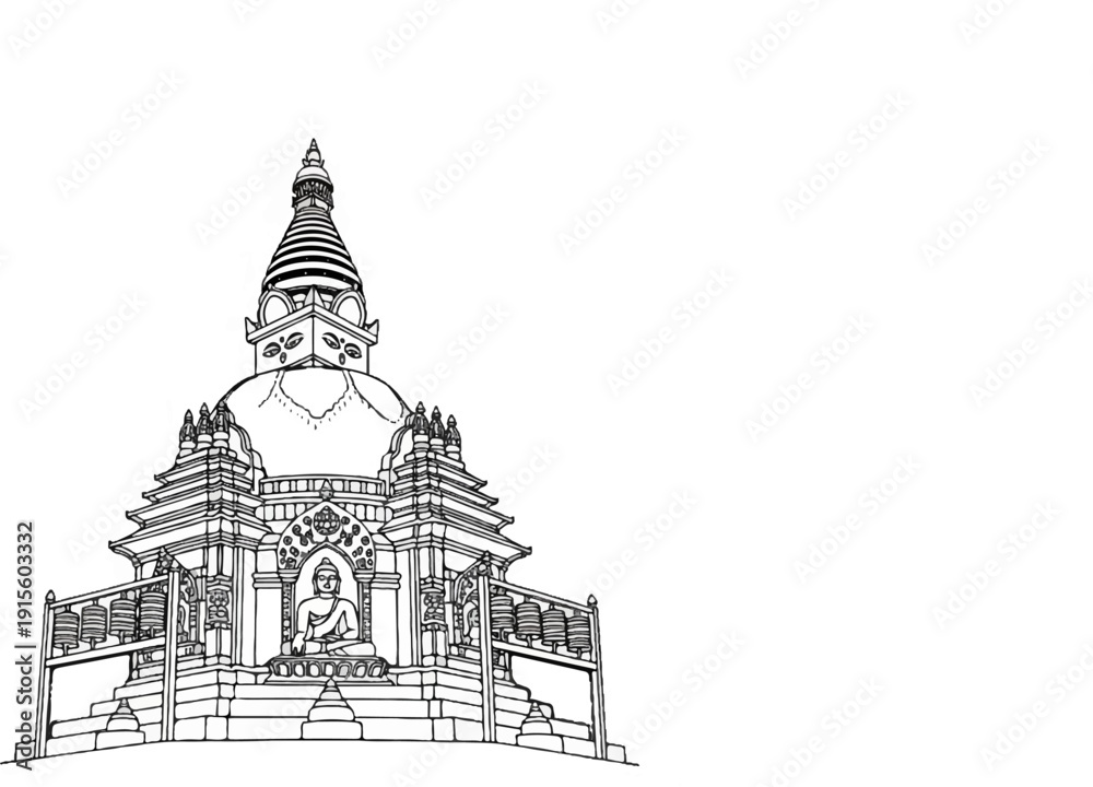 Obraz premium Intricate line drawing of a Buddhist stupa with Buddha statue and prayer wheels