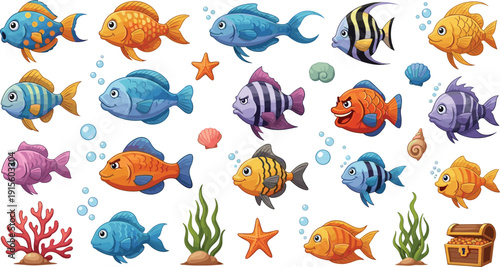 Cute tropical fish sticker set with bubbles, coral, seaweed, starfish, shells, treasure