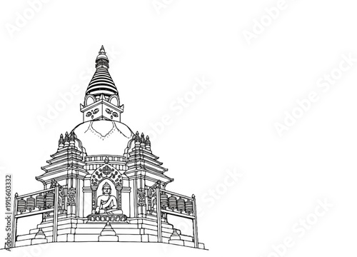 Intricate line drawing of a Buddhist stupa with Buddha statue and prayer wheels