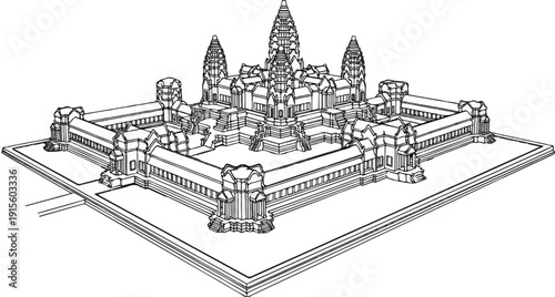 Intricate line drawing of a grand, ancient temple complex with towers