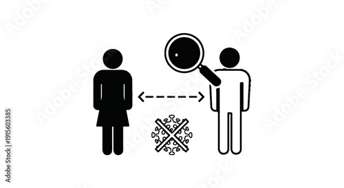 Icons of two people maintaining distance, a virus symbol crossed out, and a magnifying glass