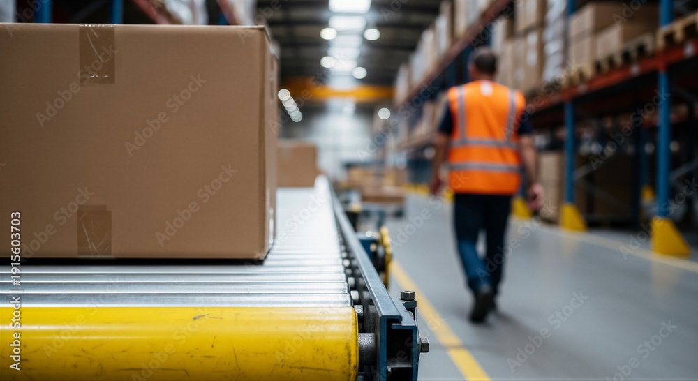 Fototapeta premium Cardboard box on conveyor belt in a large warehouse with worker in background