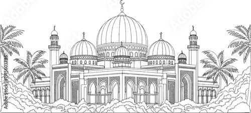 Intricate line drawing of a grand mosque with domes, minarets, and palm trees