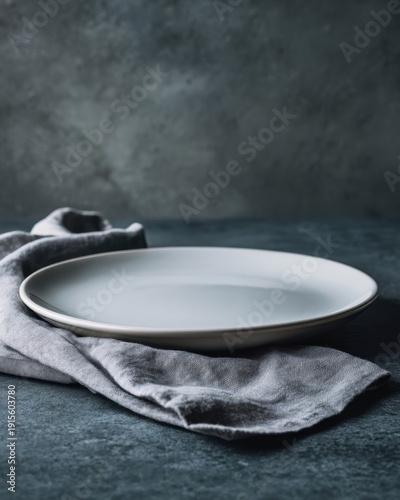 White plate on a linen napkin, top-view mockup.	