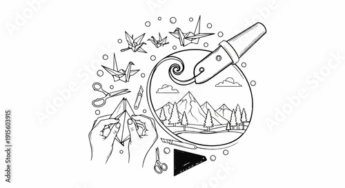 Hands create origami, with tools and a scenic landscape within a circle