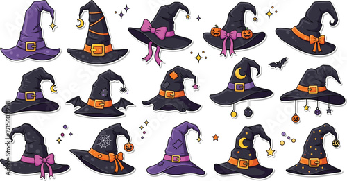Halloween witch hat watercolor sticker set with pumpkins, moons, stars, ribbons, bats