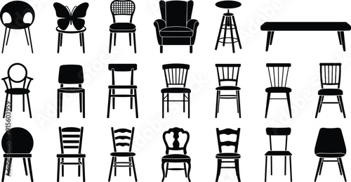 Silhouettes of chairs and stools with varied designs, modern and traditional seating vector illustration for interior design and furniture themes