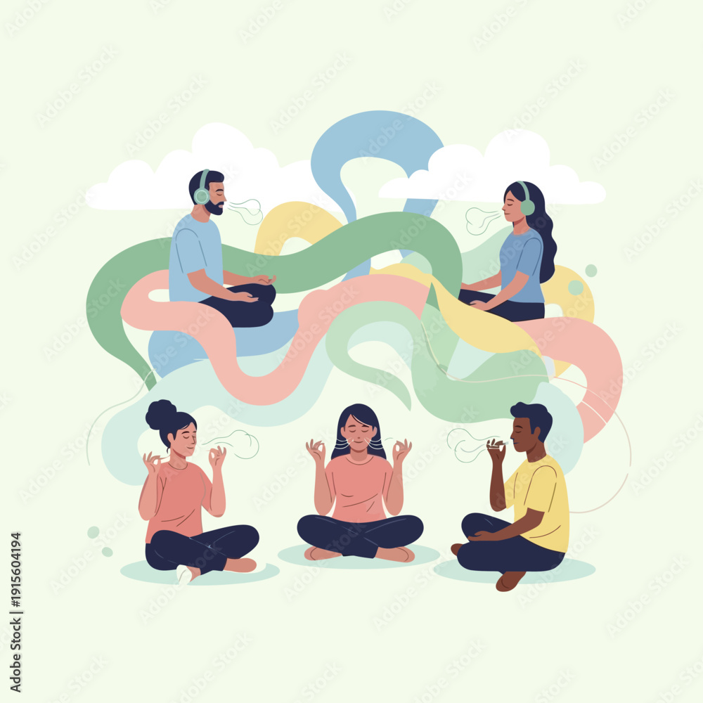 Obraz premium Diverse group meditating with headphones in a serene setting.