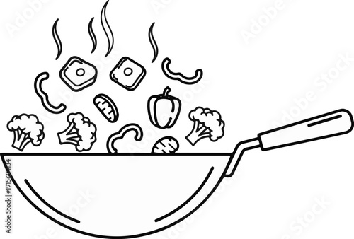 Line art of food being stir-fried in a wok with steam rising