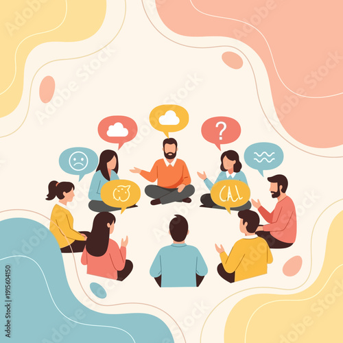 Group therapy session with diverse people discussing mental health.