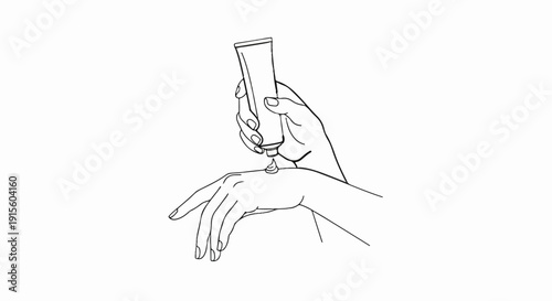 Line art of hand dispensing cream from tube onto another hand
