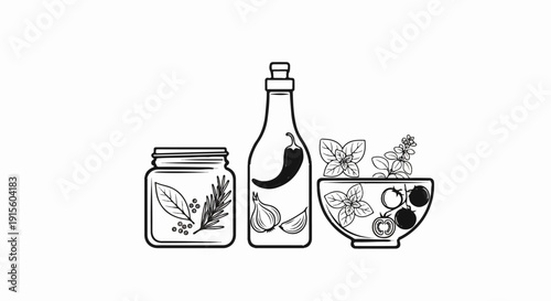 Line art of jar with spices, bottle with chili, and bowl of tomatoes and basil