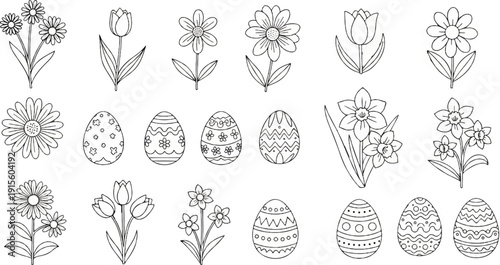 Line art of assorted flowers and decorated Easter eggs for coloring