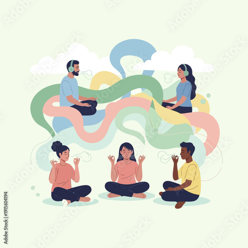 Diverse group meditating with headphones in a serene setting.