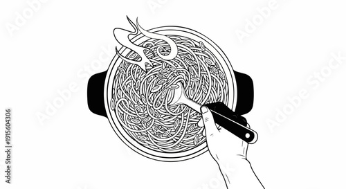 Hand stirring a steaming pot of pasta with a fork, overhead view