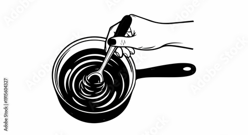 Hand stirring dark liquid in a pot with a spoon