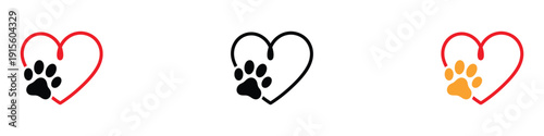 Heart with paw print icon vector. Animal love symbol for pet shop, veterinary clinic, dog adoption, and animal rescue service set. Vector Illustration.