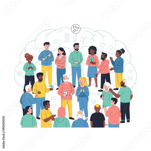 Diverse group of people standing together, representing community and mental health support.