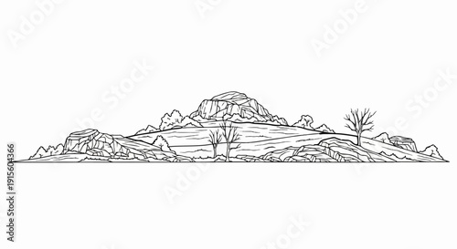 Line art depicts rolling hills, rocky outcrops, and sparse trees under a large mesa