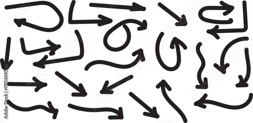 Various bold brush drawn curved arrows. Collection doodle marker thick arrows in different directions. Hand drawn vector direction pointers. 