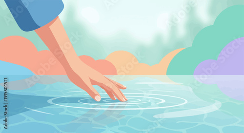 Hand touching calm water, creating ripples, with abstract soft-colored shapes reflecting
