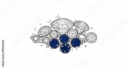 Intricate assortment of faceted diamonds and deep blue gemstones, sparkling