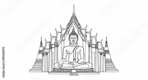Intricate line drawing of a seated Buddha within a tiered temple structure with stupas