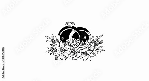 Interlocking rings adorned with roses, lilies, and foliage