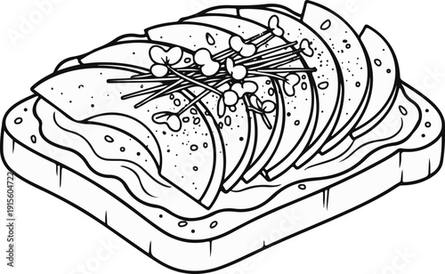 Line art drawing of a single slice of toast topped with layered avocado slices and microgreens