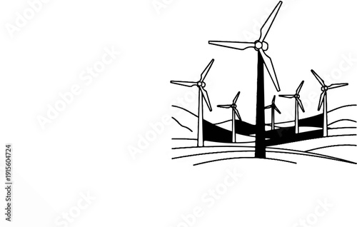 Line drawing depicts multiple wind turbines against rolling hills and sky
