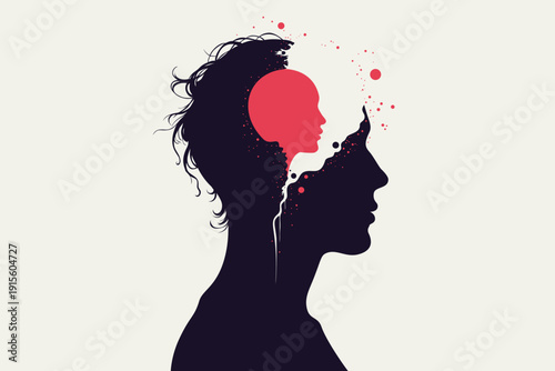 Profile silhouette of head containing inner child face with  paint splatter flowing out, symbolizing trauma, inner voice, childhood memories therapy