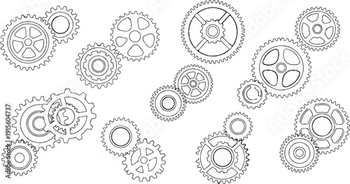 Interlocking mechanical gears form a complex industrial pattern on a white background