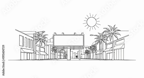 Line art drawing of a street scene with palm trees and a large billboard