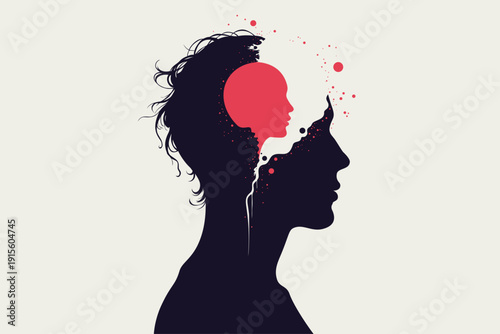 Profile silhouette of head containing inner child face with  paint splatter flowing out, symbolizing trauma, inner voice, childhood memories therapy