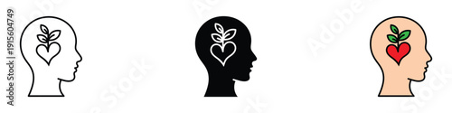 Mental health icon vector. Human head profile with heart and growing plant symbol for psychology, emotional wellness, personal growth, and mindfulness set. Vector Illustration.