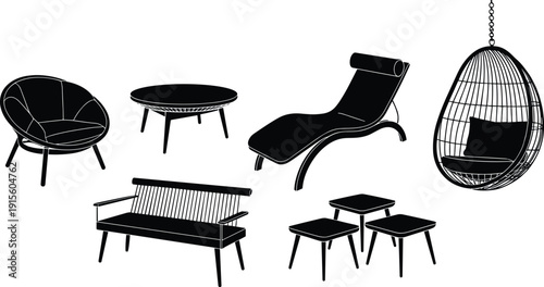 Silhouettes of modern furniture including armchair, coffee table, chaise lounge, egg chair, bench, and stools, vector illustration for interior design themes