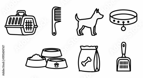 Line art icons depict pet care items, including a carrier, comb, dog silhouette, collar, food bowls, food bag, and scoop