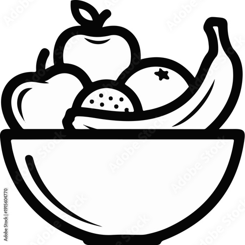 Line art illustration of a bowl filled with various fruits like apples, orange, and banana