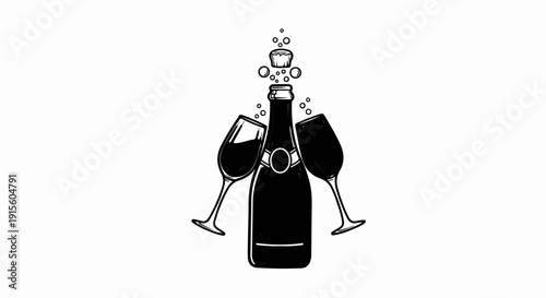 Hand drawn bottle and two glasses with bubbles